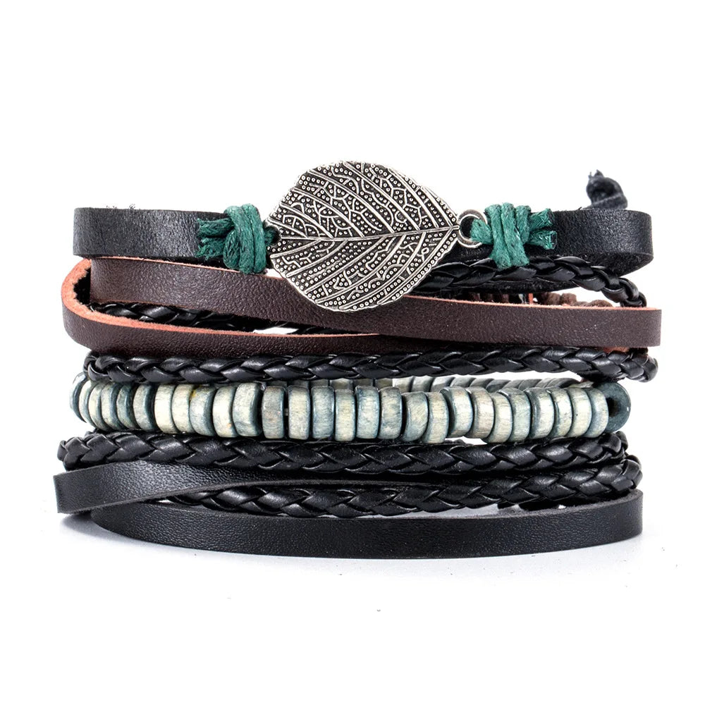 Bracelet Homme Luxe – Set de 4 Bracelets Tressés en Cuir (Style Ethnique Tribal)