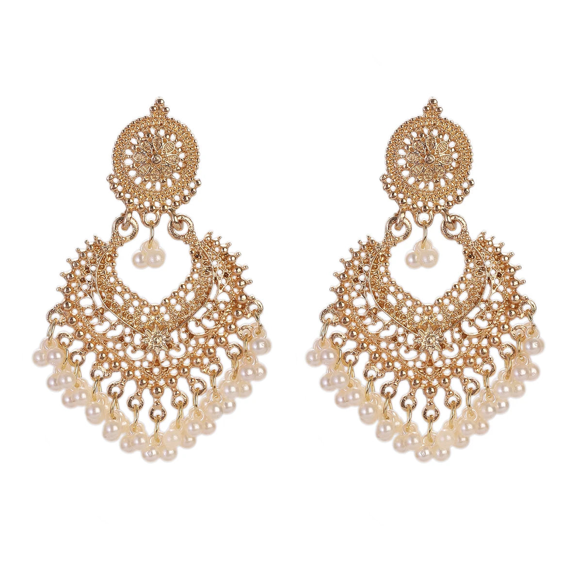 Boucles d’Oreilles Jhumka Indiennes – Cœur Doré, Perles & Pompon – Style Vintage Éthnique