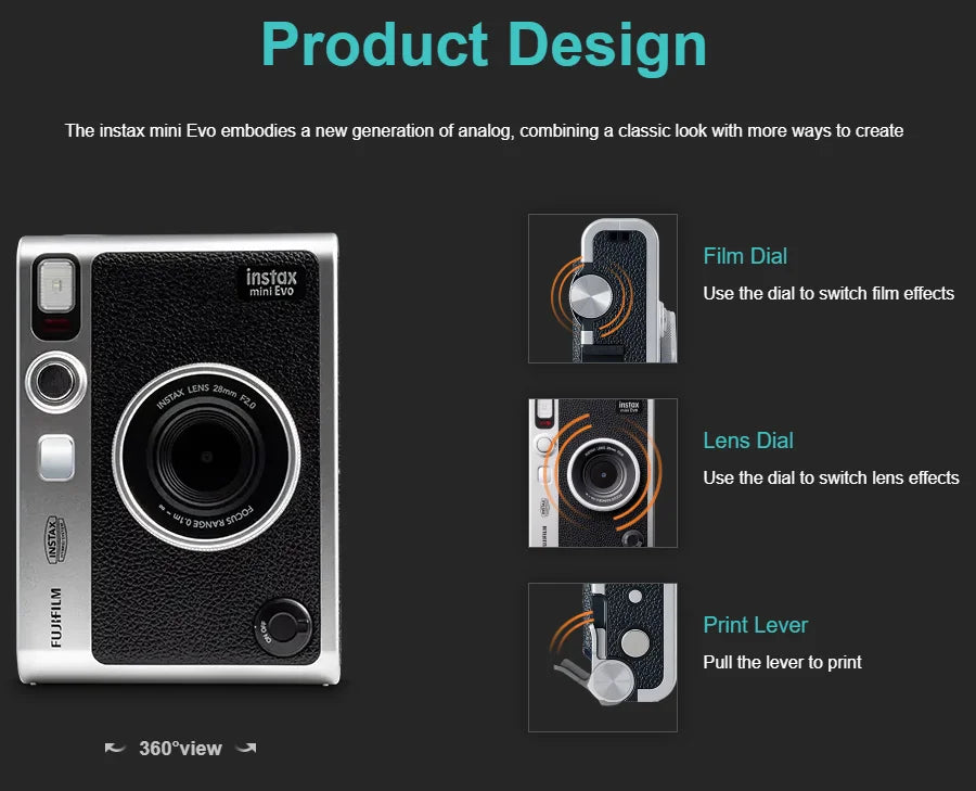 Fujifilm Instax Mini Evo – Caméra Instantanée Hybride | Smartphone Print | Effets Créatifs (Noir & Marron)