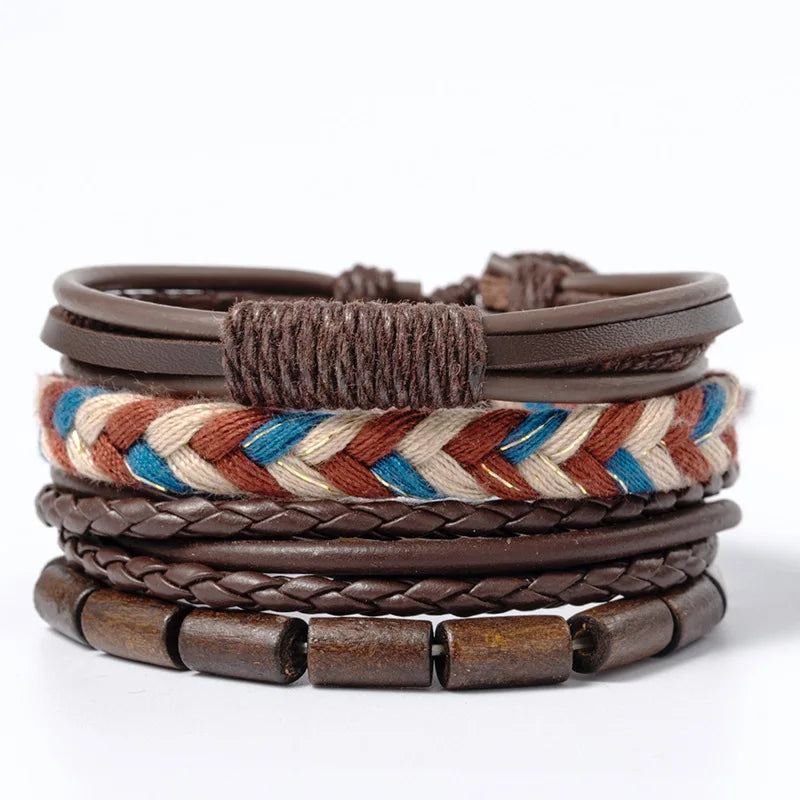 Bracelet Homme Luxe – Set de 4 Bracelets Tressés en Cuir (Style Ethnique Tribal)