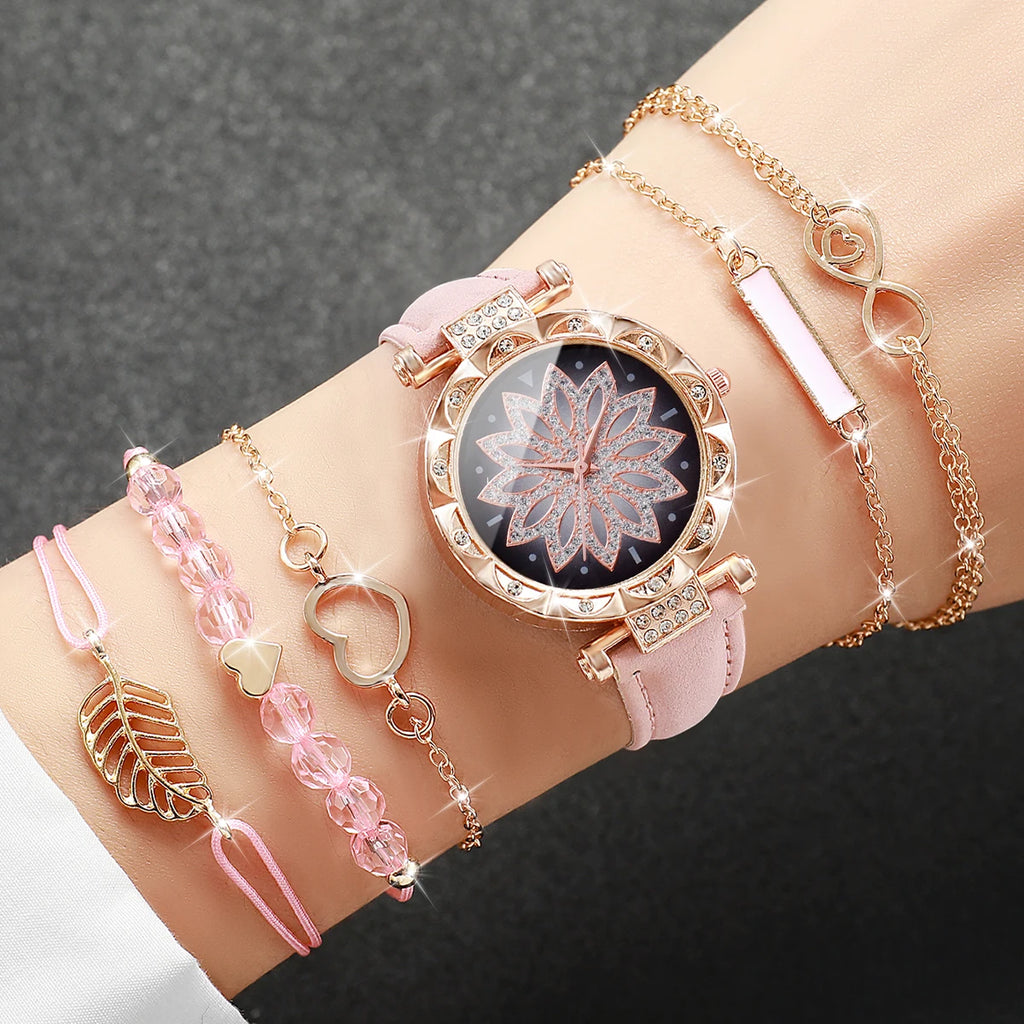 Montre Femme Cœur – Ensemble 6 Pièces Bracelet + Montre (Sans Boîte)