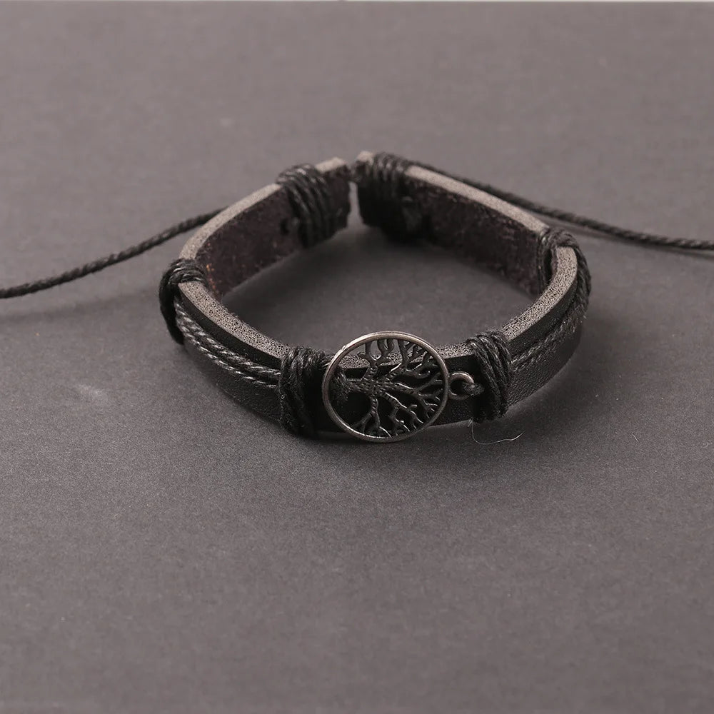Bracelets Homme – Ensemble 4 Pièces Arbre de Vie | Cuir Tressé & Perles Bois
