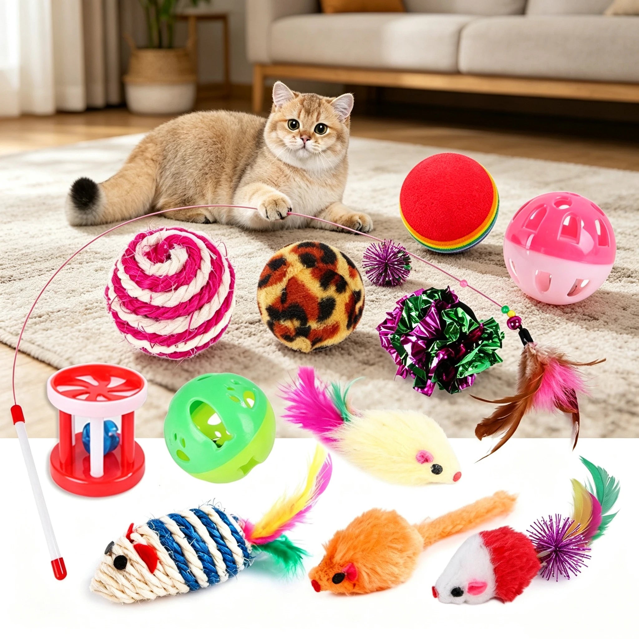 Ensemble de jouets pour chat — tunnel, canne à plume, souris et balles