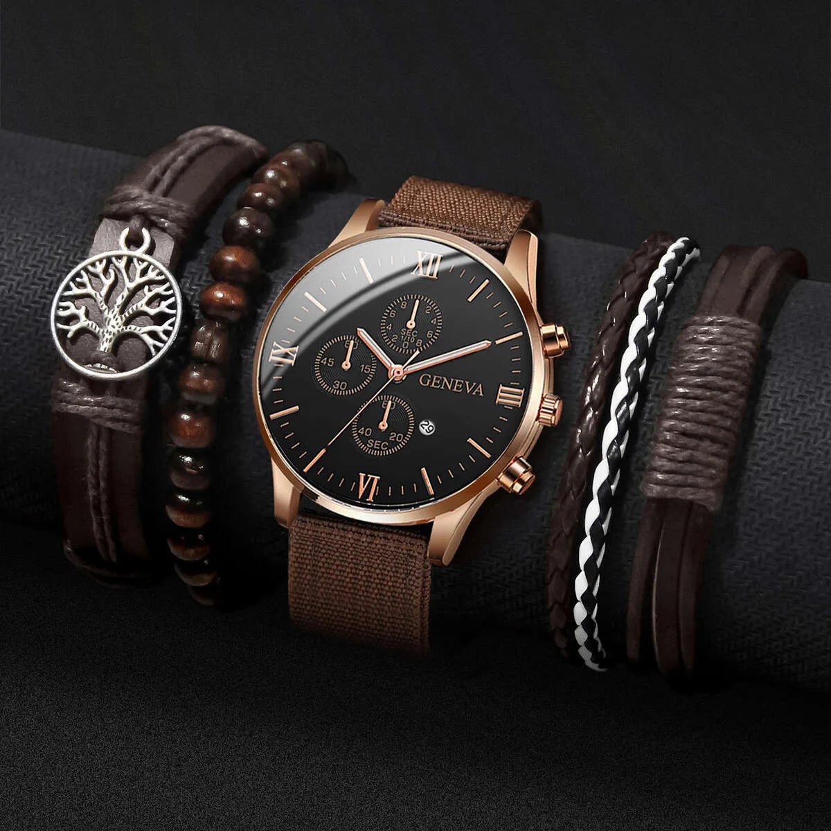 Montre Quartz Homme + Bracelets – Nylon / Cuir – Set 4 ou 5 pièces (Sans Boîte)