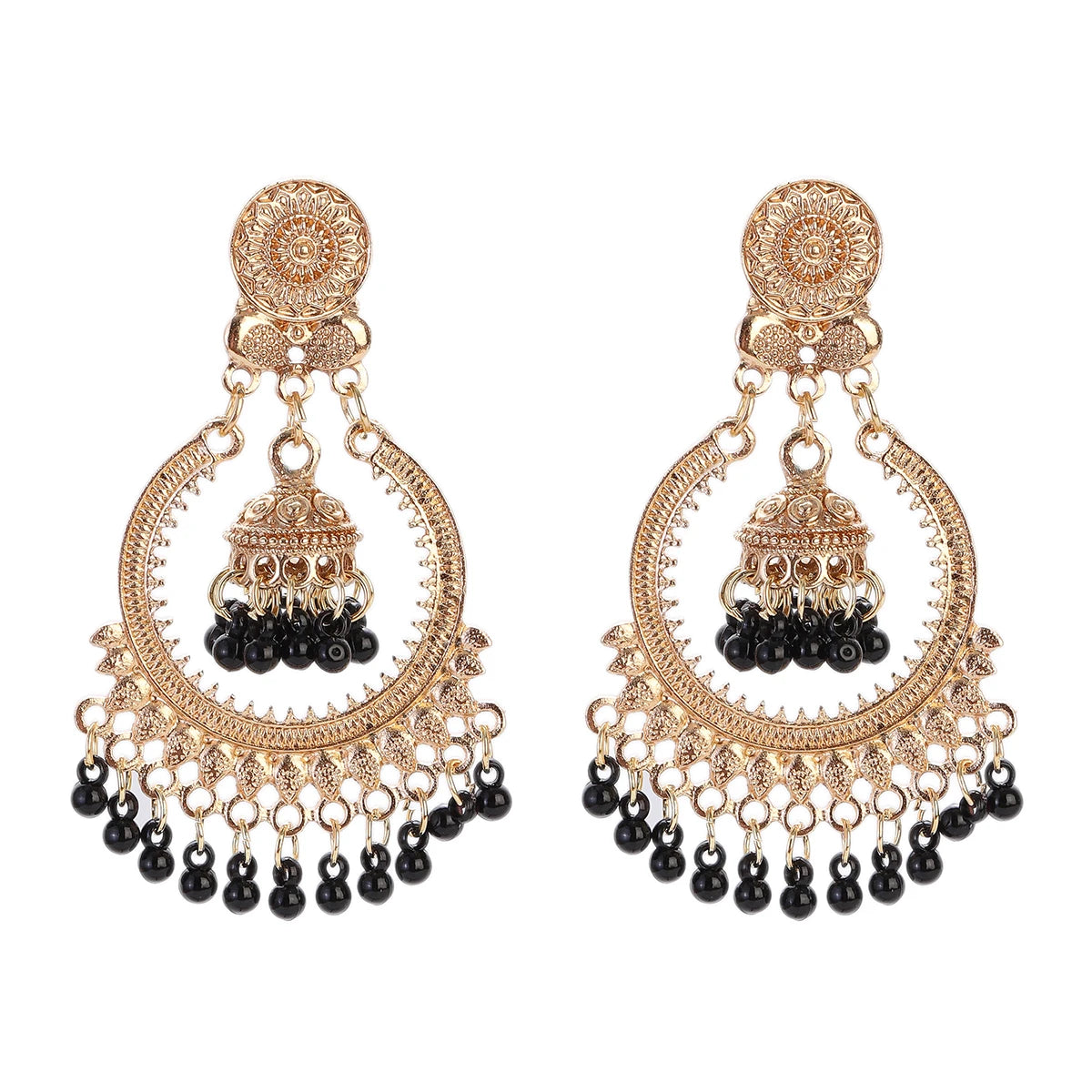 Boucles d’Oreilles Jhumka Rondes Dorées – Vintage Bohème à Fleurs & Pompons de Perles