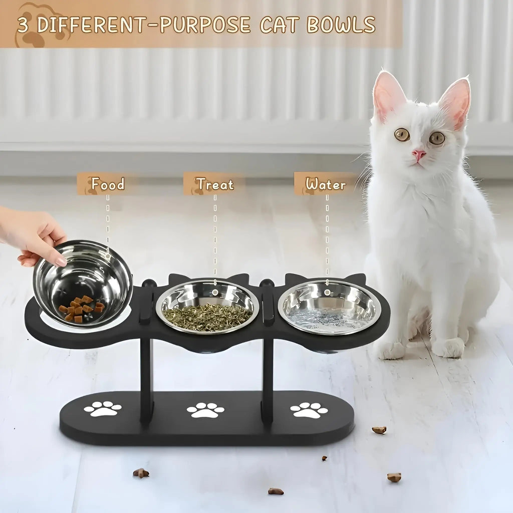 Gamelle surélevée en inox sur cadre bois pour chat — inclinée 15°