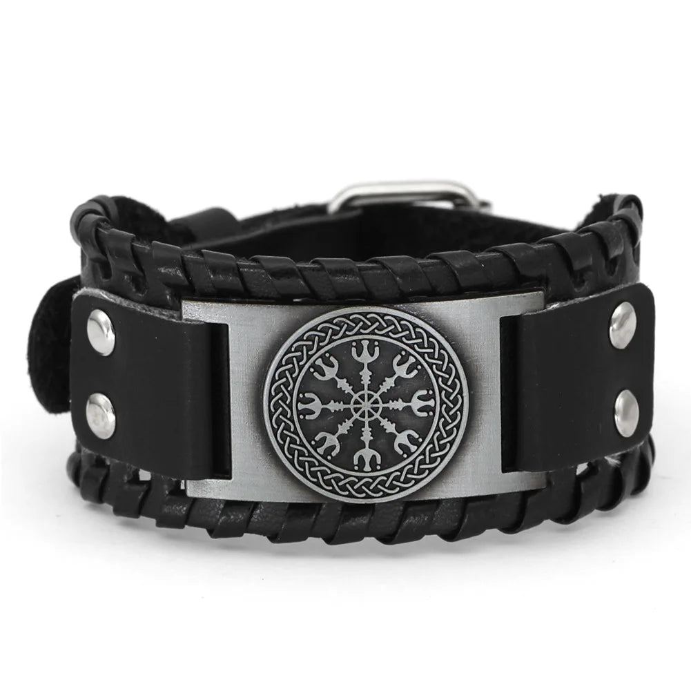 Bracelet Viking Homme – Cuir Tressé & Rune Nordique | Boussole & Dieu Oiseau