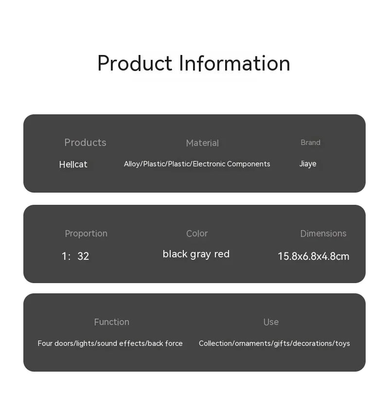 Dodge Challenger Hellcat – Modèle 1:32 en Alliage | Son & Lumière | Pull-Back