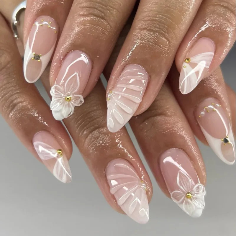 Set de 24 Faux Ongles Fleur Blanche  – Dégradé Pastel Rose & Jaune Chic