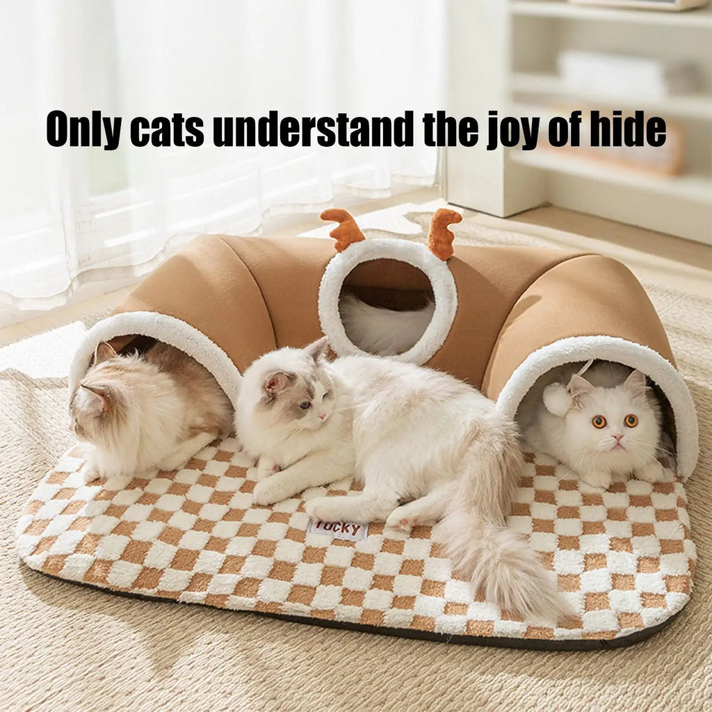 Tente-tunnel cosy 2-en-1 pour chat — couchage et jeu