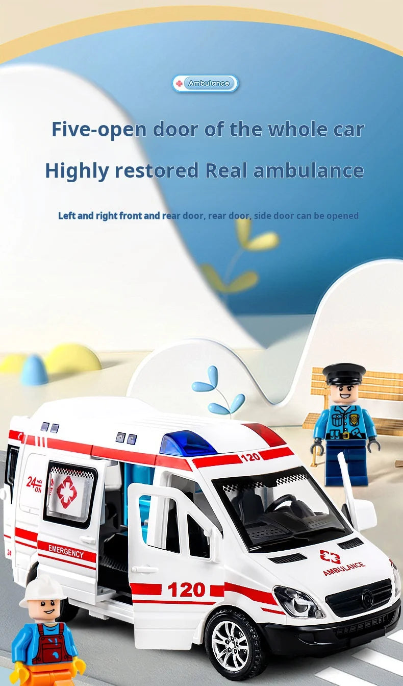 Mini Véhicule d’Urgence 1:32 en Alliage – Ambulance / Police (Son & Lumière)
