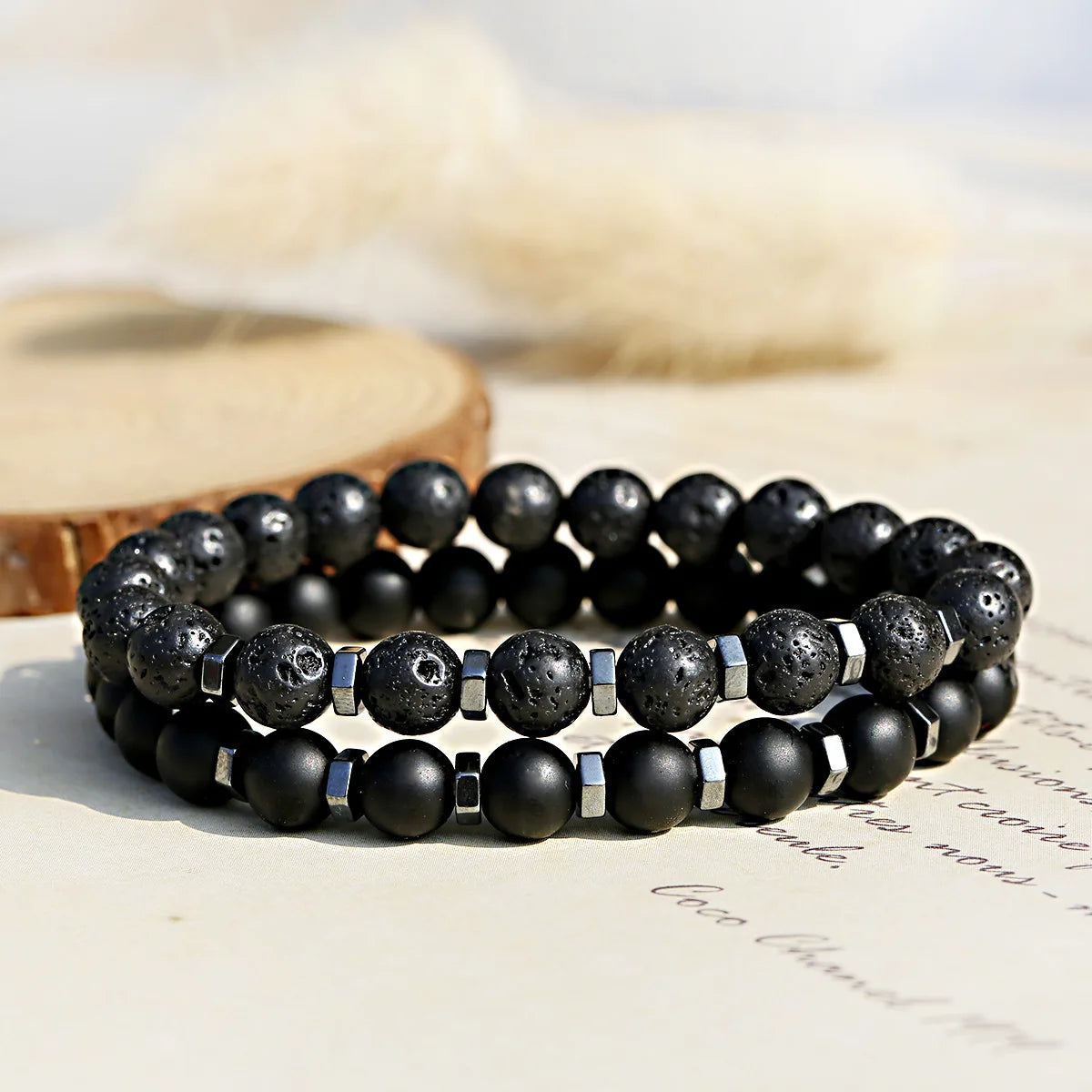 Bracelets Homme – Pierre Volcanique & Perles Noires Givrées | Double Couche