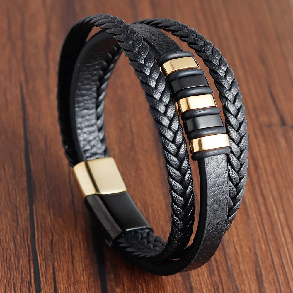 Bracelet Cuir Tressé & Acier – Fermoir Magnétique Homme