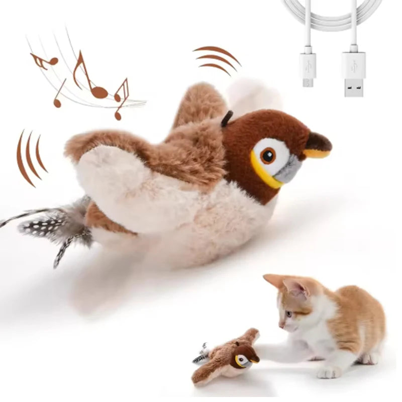 Oiseau simulé interactif rechargeable pour chat et chien — chant et battement d'ailes