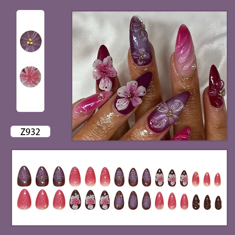 Set de 24 Faux Ongles Fleur Blanche  – Dégradé Pastel Rose & Jaune Chic