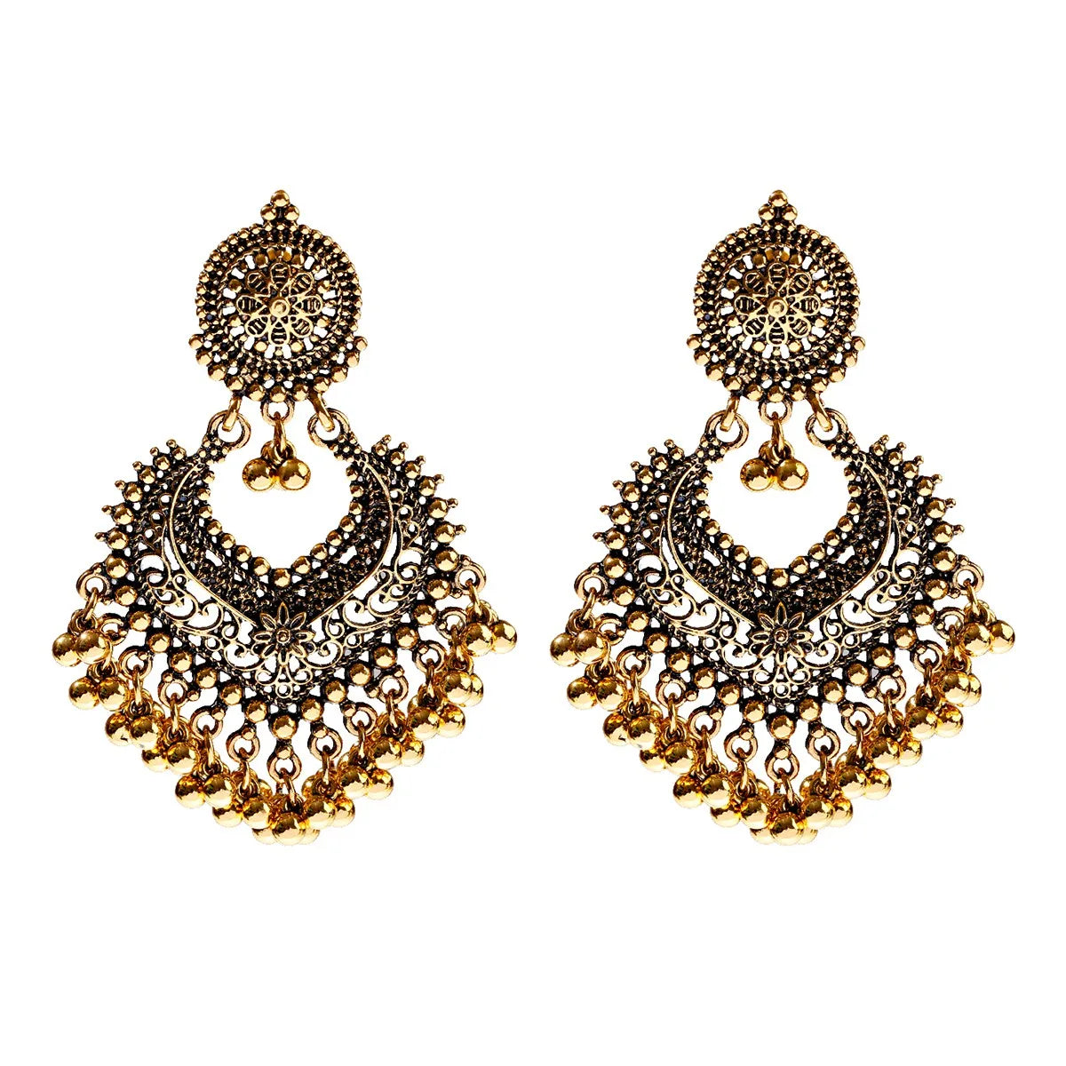 Boucles d’Oreilles Jhumka Indiennes – Cœur Doré, Perles & Pompon – Style Vintage Éthnique