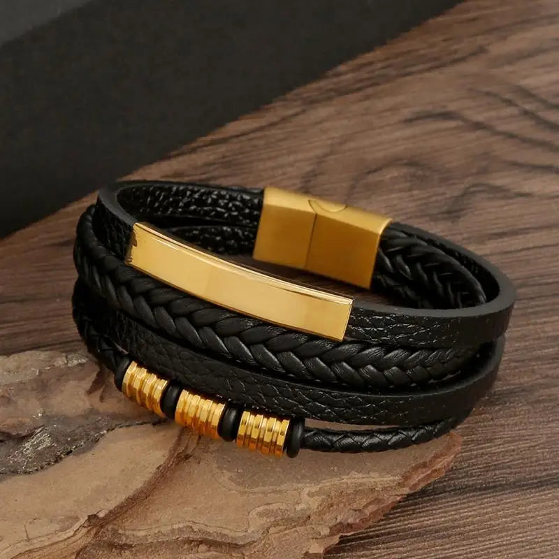 Bracelet en Cuir Multicouche Homme – Style Punk Classique | Tissé à la Main • Boucle Magnétique