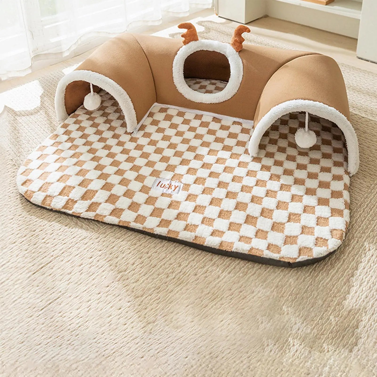 Tente-tunnel cosy 2-en-1 pour chat — couchage et jeu