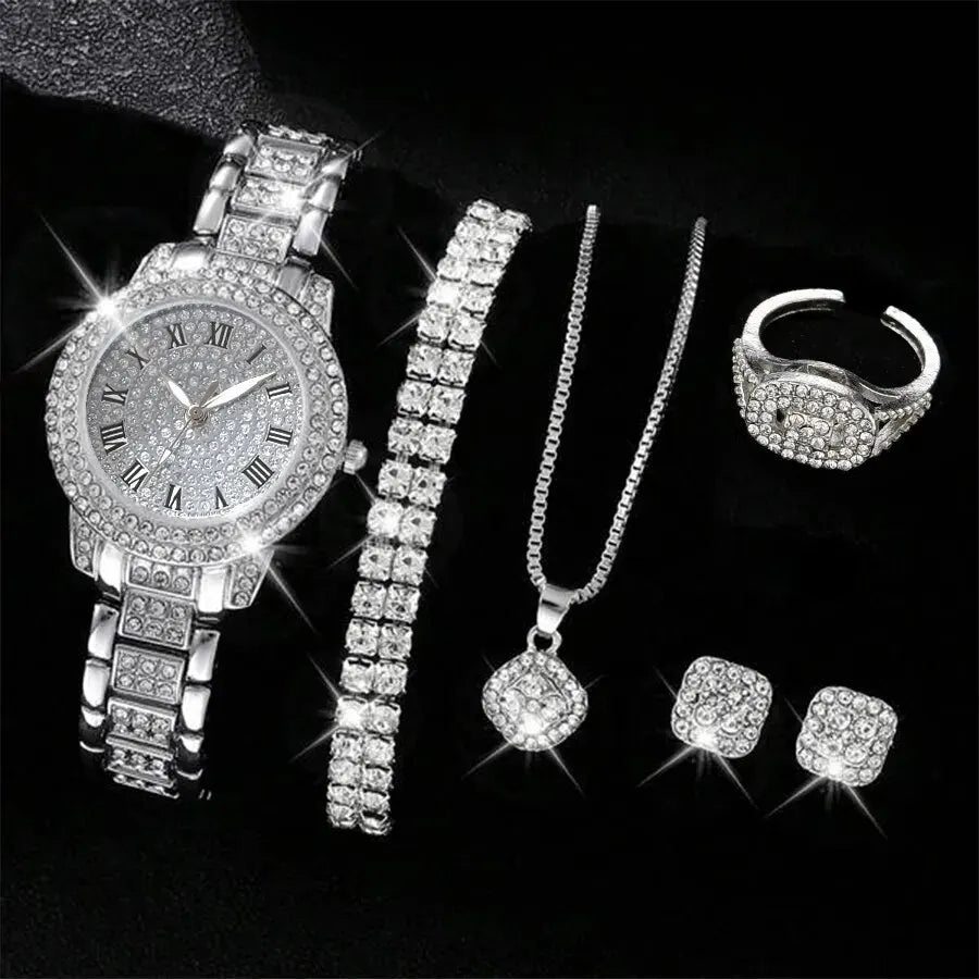 Montres Femme Luxe – Set Élégant 6 Pièces (Quartz • Cristal • Alliage)