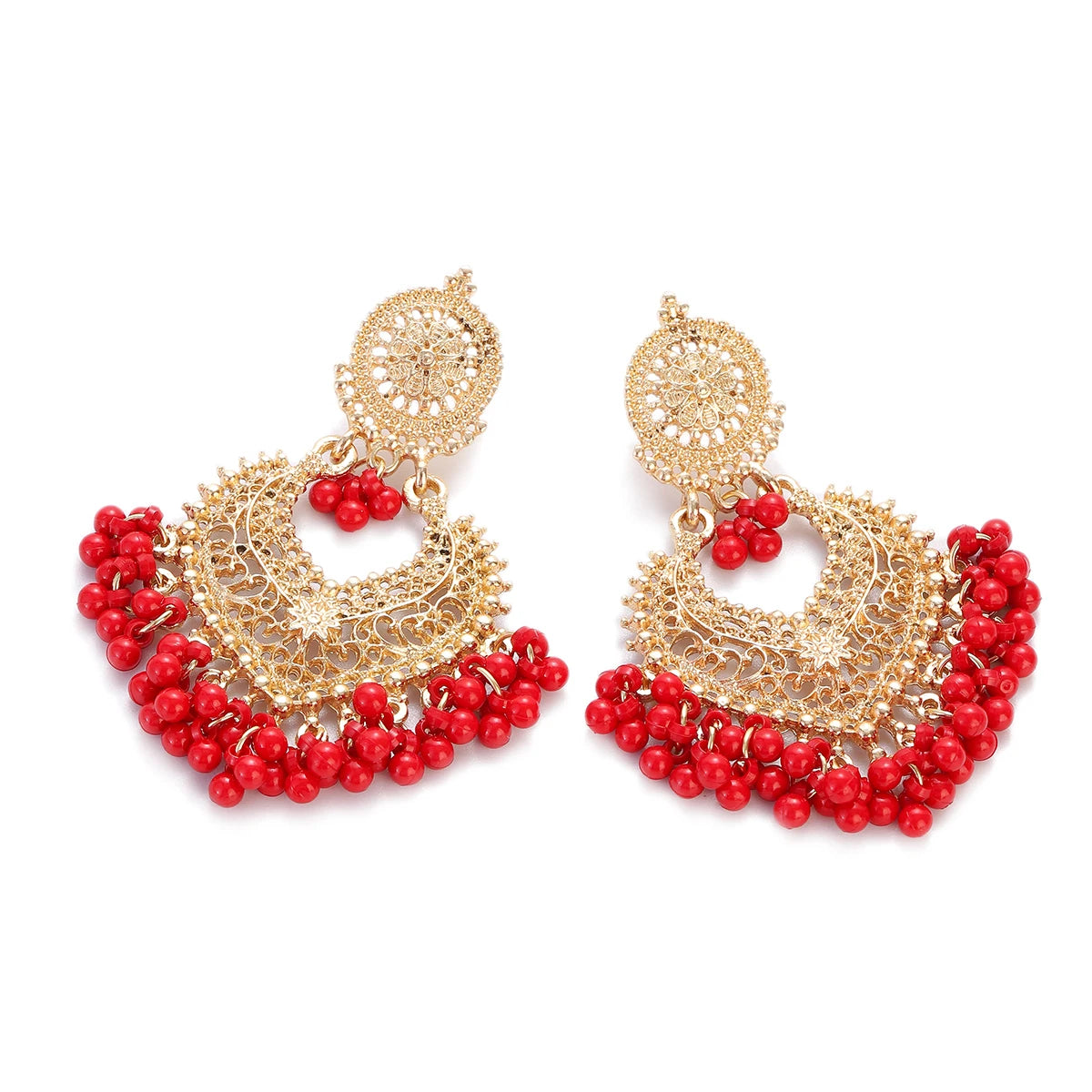 Boucles d’Oreilles Boho Cœur Doré – Fleur Sculptée & Perles – Style Jhumka Indien