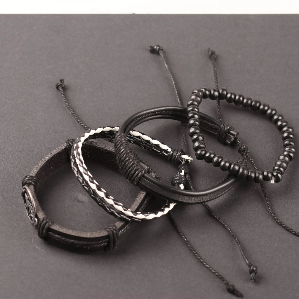 Bracelets Homme – Ensemble 4 Pièces Arbre de Vie | Cuir Tressé & Perles Bois