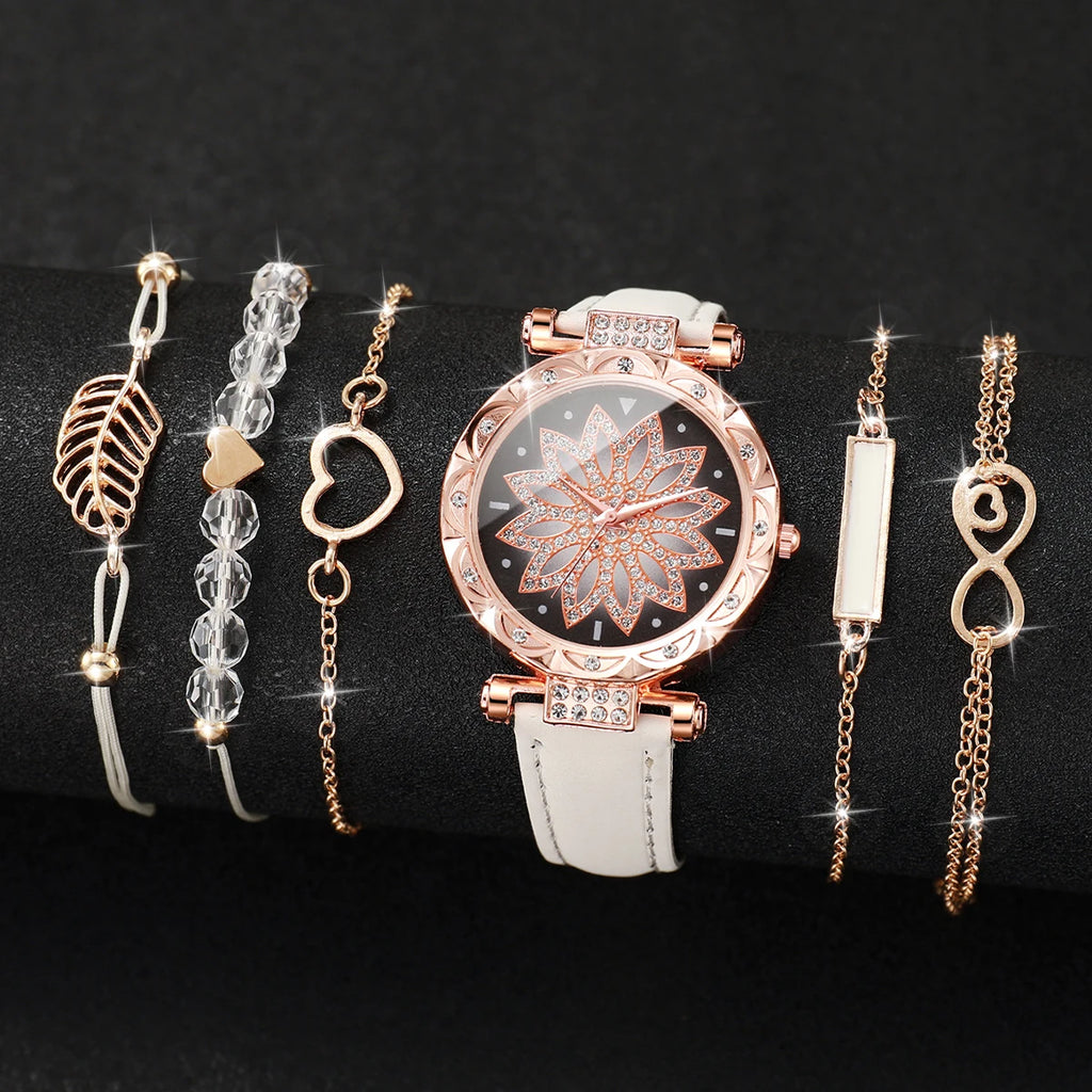 Montre Femme Cœur – Ensemble 6 Pièces Bracelet + Montre (Sans Boîte)