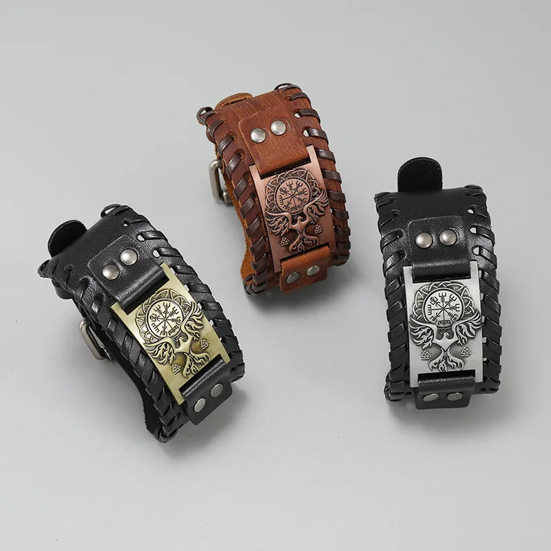 Bracelet Viking Homme – Cuir Tressé & Rune Nordique | Boussole & Dieu Oiseau