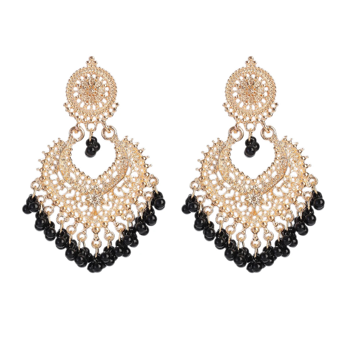 Boucles d’Oreilles Jhumka Indiennes – Cœur Doré, Perles & Pompon – Style Vintage Éthnique