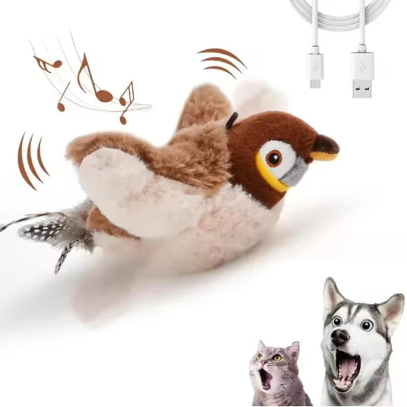 Oiseau simulé interactif rechargeable pour chat et chien — chant et battement d'ailes