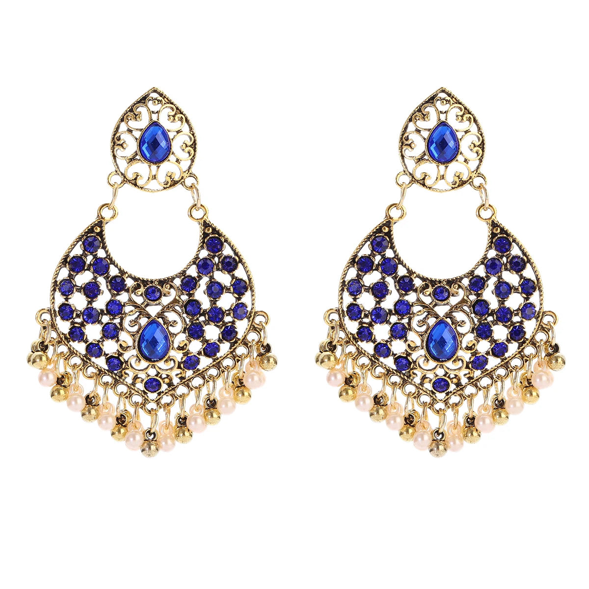 Boucles d’Oreilles Jhumka Indiennes – Cœur Doré, Perles & Pompon – Style Vintage Éthnique