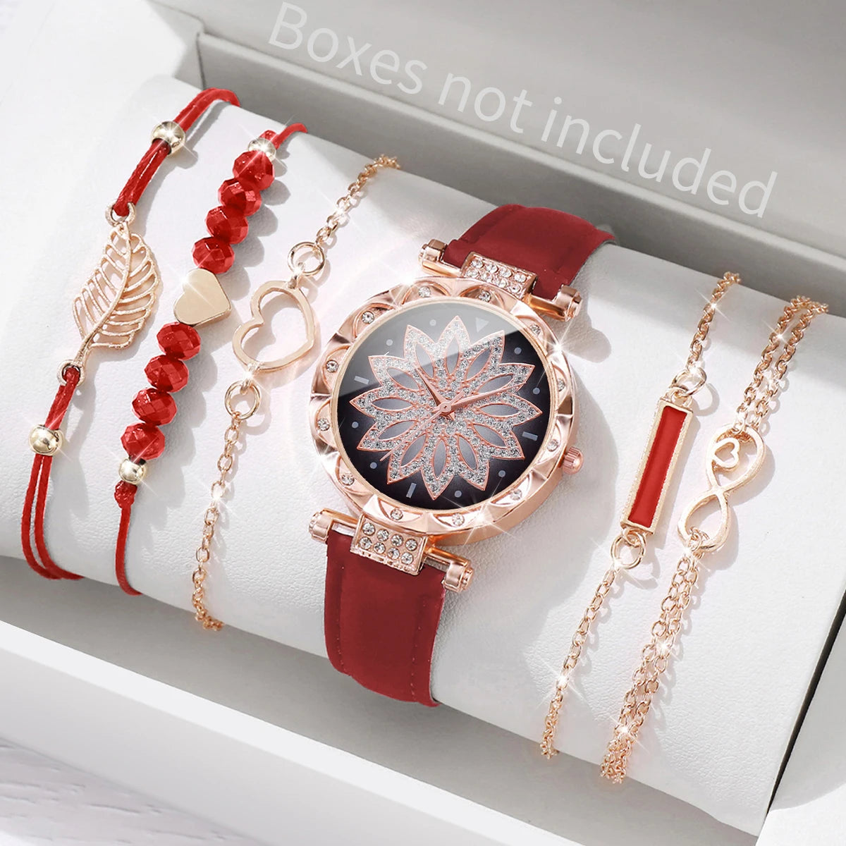 Montre Femme Cœur – Ensemble 6 Pièces Bracelet + Montre (Sans Boîte)