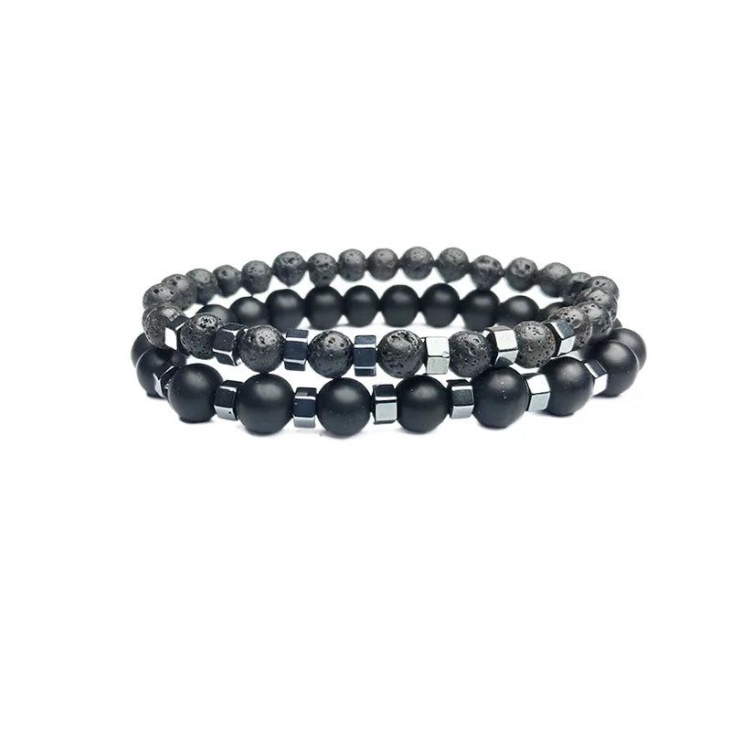 Bracelets Homme – Pierre Volcanique & Perles Noires Givrées | Double Couche