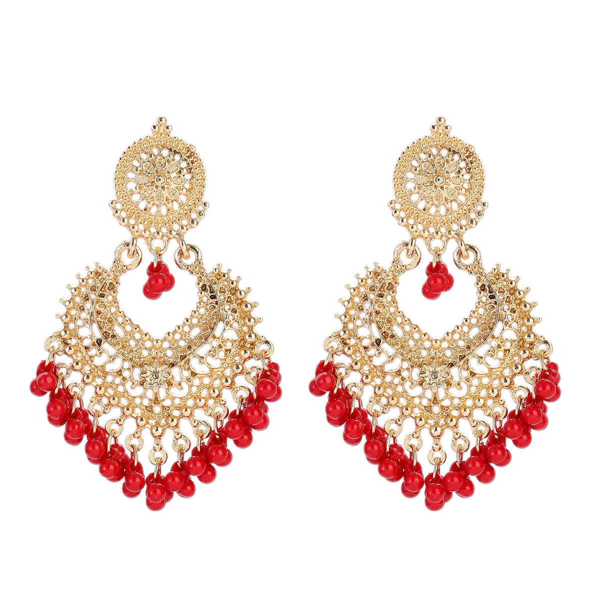 Boucles d’Oreilles Jhumka Indiennes – Cœur Doré, Perles & Pompon – Style Vintage Éthnique