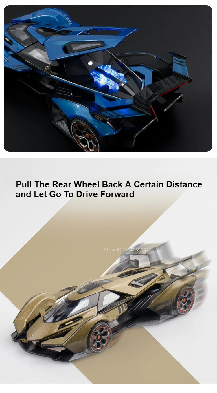 Supercar V12 GT – Modèle 1:22 en Alliage | Son & Lumière | Portes Rétractables