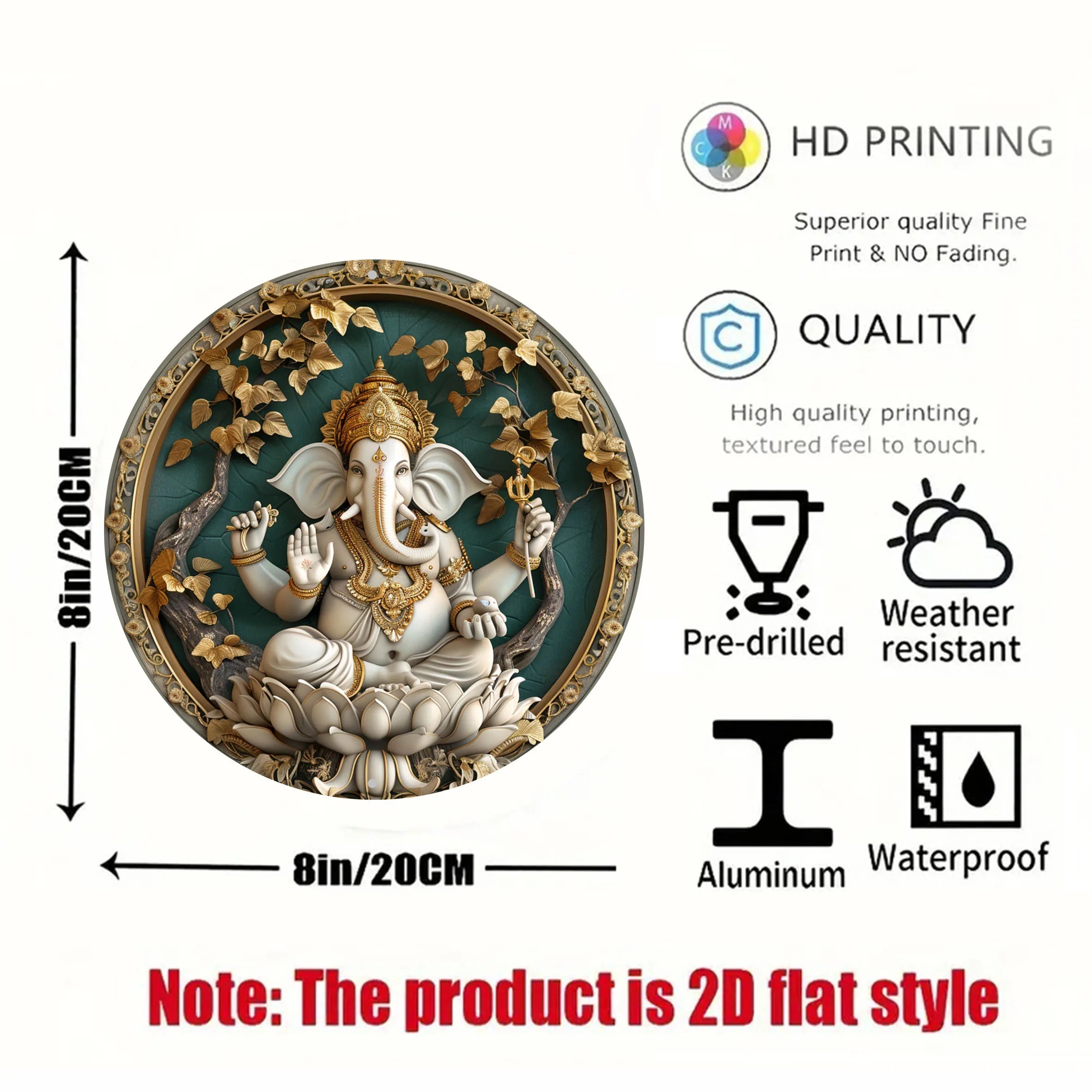 Panneau Mural Ganesha Vintage 2D – Aluminium Résistant aux Intempéries