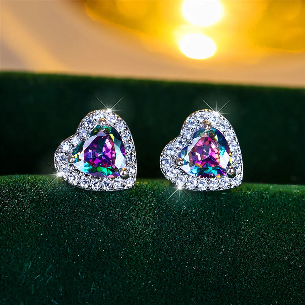 Boucles d’Oreilles Cœur Femme – Cristal CZ Vintage Multicolore