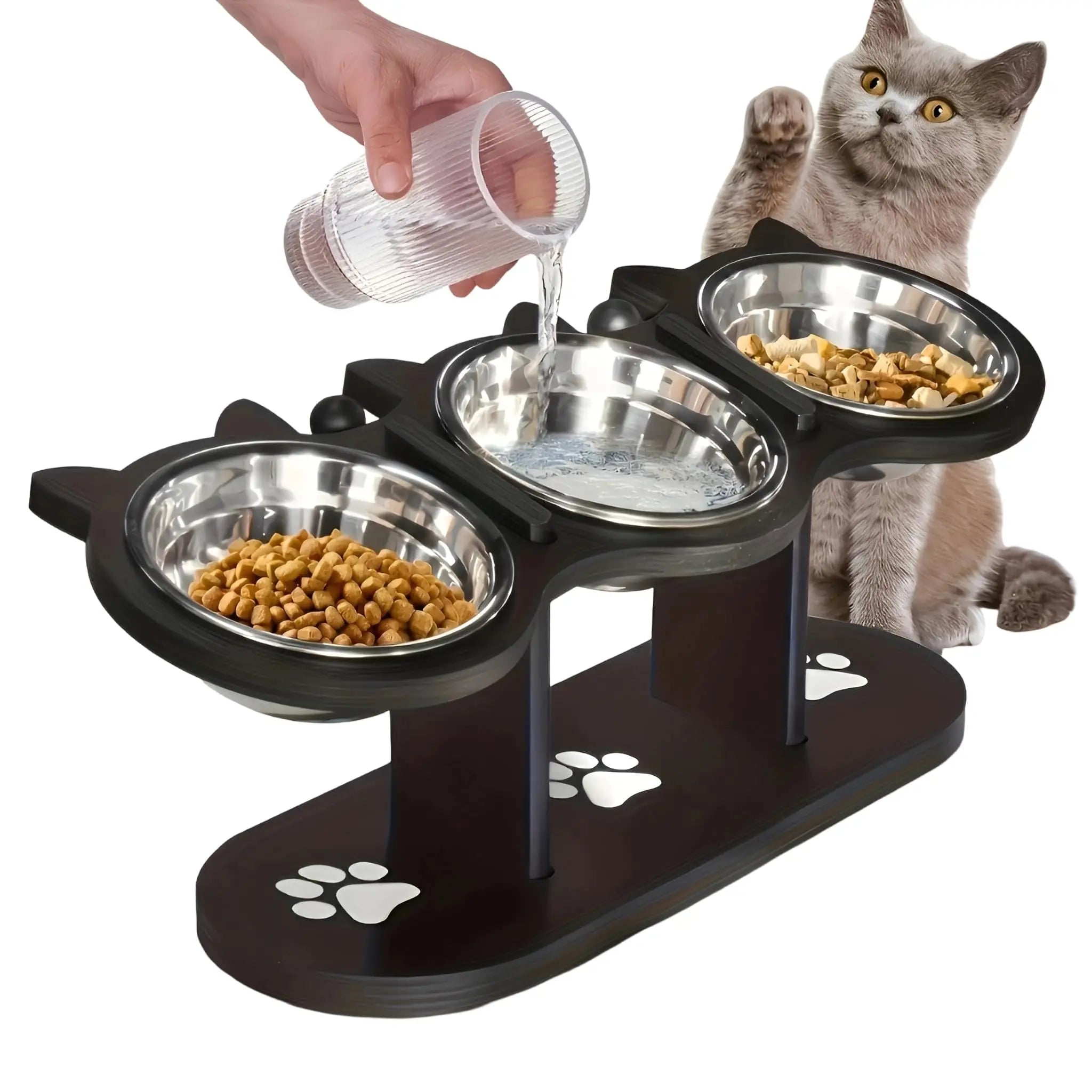 Gamelle surélevée en inox sur cadre bois pour chat — inclinée 15°