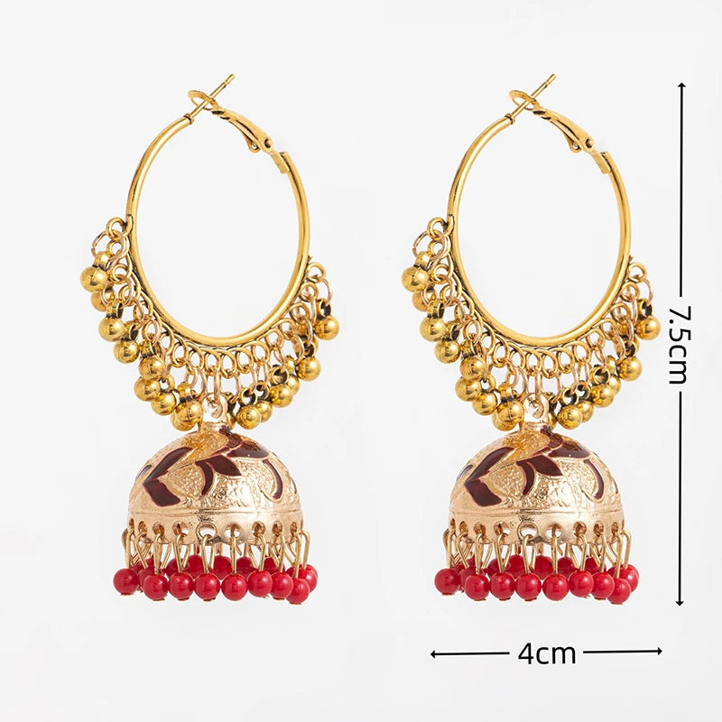 Jhumka Grand Rond Doré – Boucles d’Oreilles Indiennes Vintage Éthniques – Émail, Fleur & Cloche
