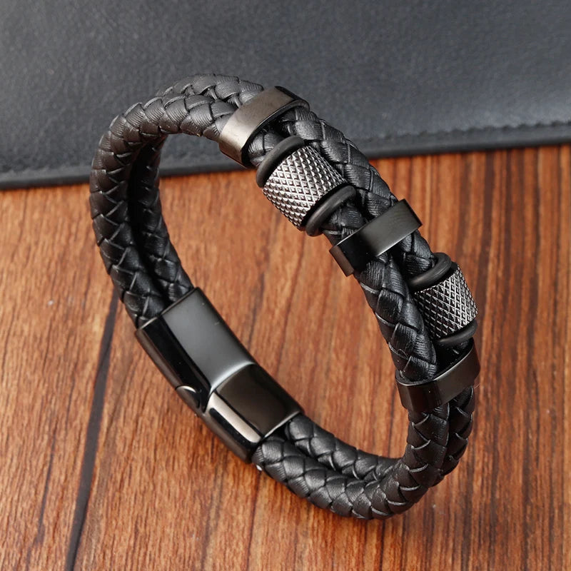Bracelet Cuir Tressé & Acier – Fermoir Magnétique Homme