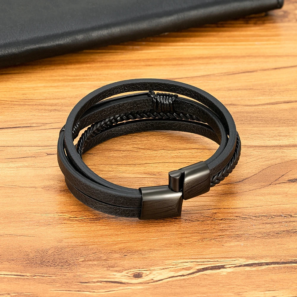 Bracelet Homme Multicouche Cuir & Acier – Style Classique XQNI