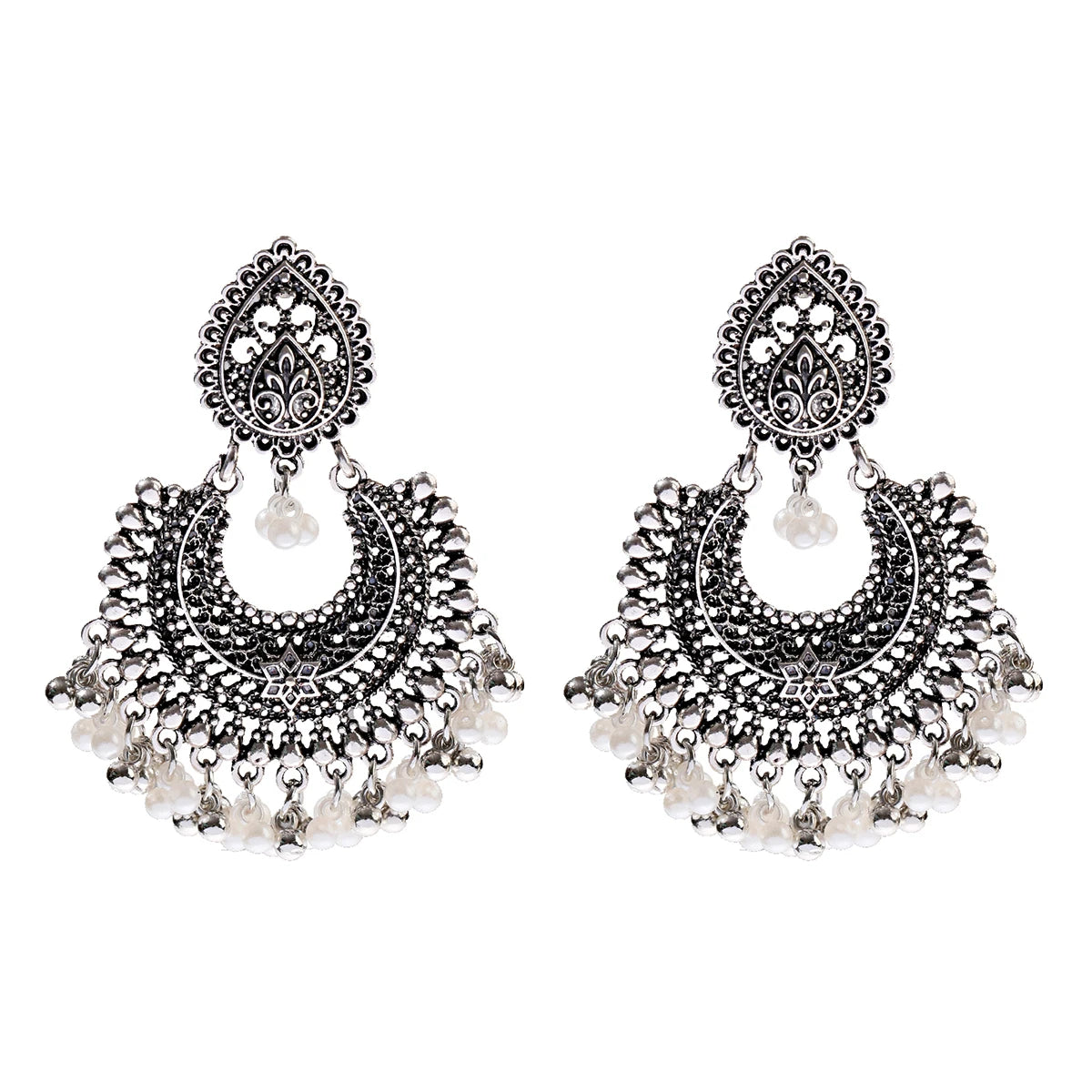 Boucles d’Oreilles Jhumka Indiennes – Cœur Doré, Perles & Pompon – Style Vintage Éthnique