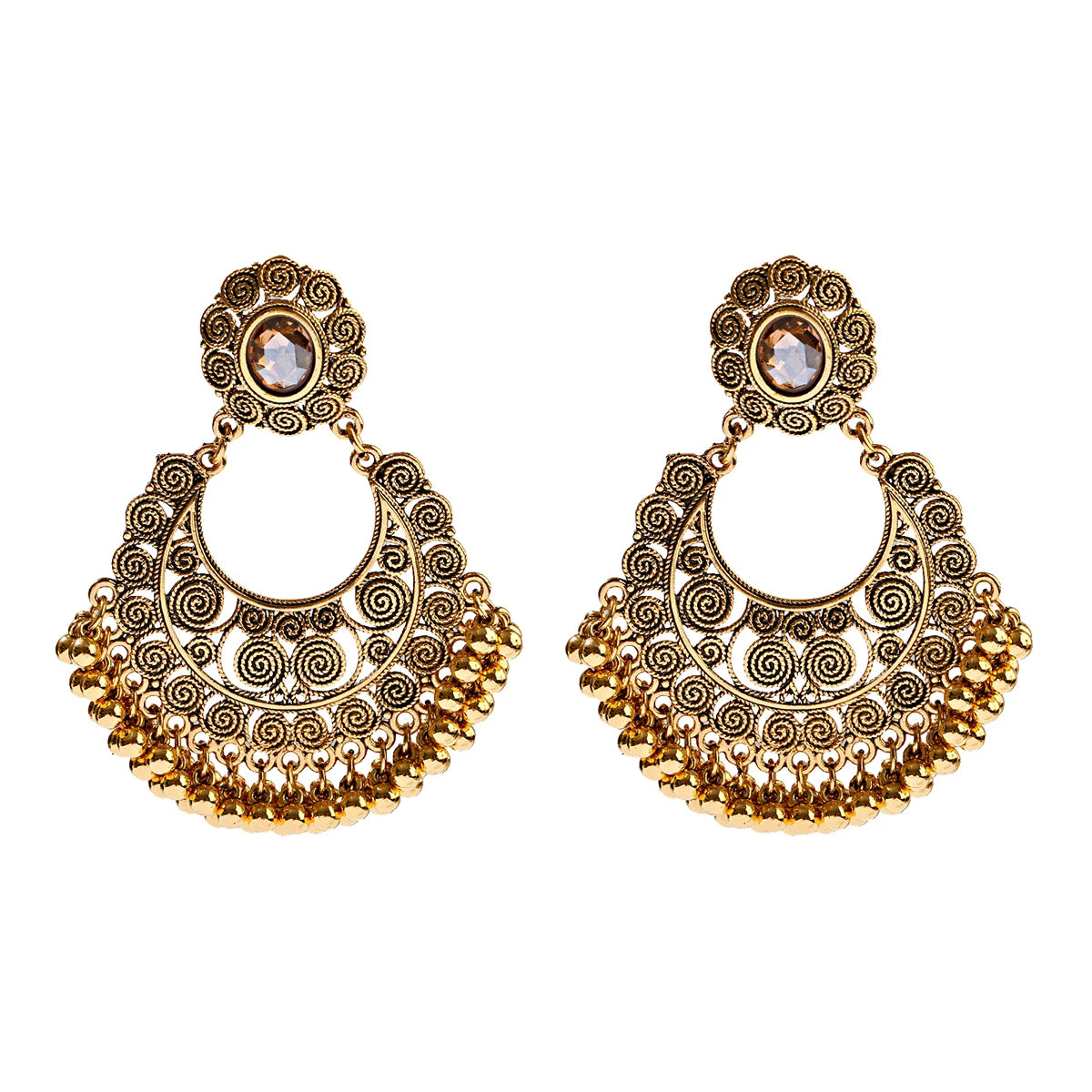 Boucles d’Oreilles Jhumka Indiennes – Cœur Doré, Perles & Pompon – Style Vintage Éthnique
