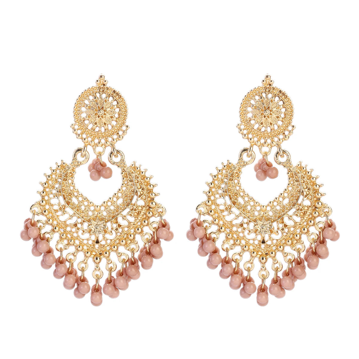 Boucles d’Oreilles Jhumka Indiennes – Cœur Doré, Perles & Pompon – Style Vintage Éthnique