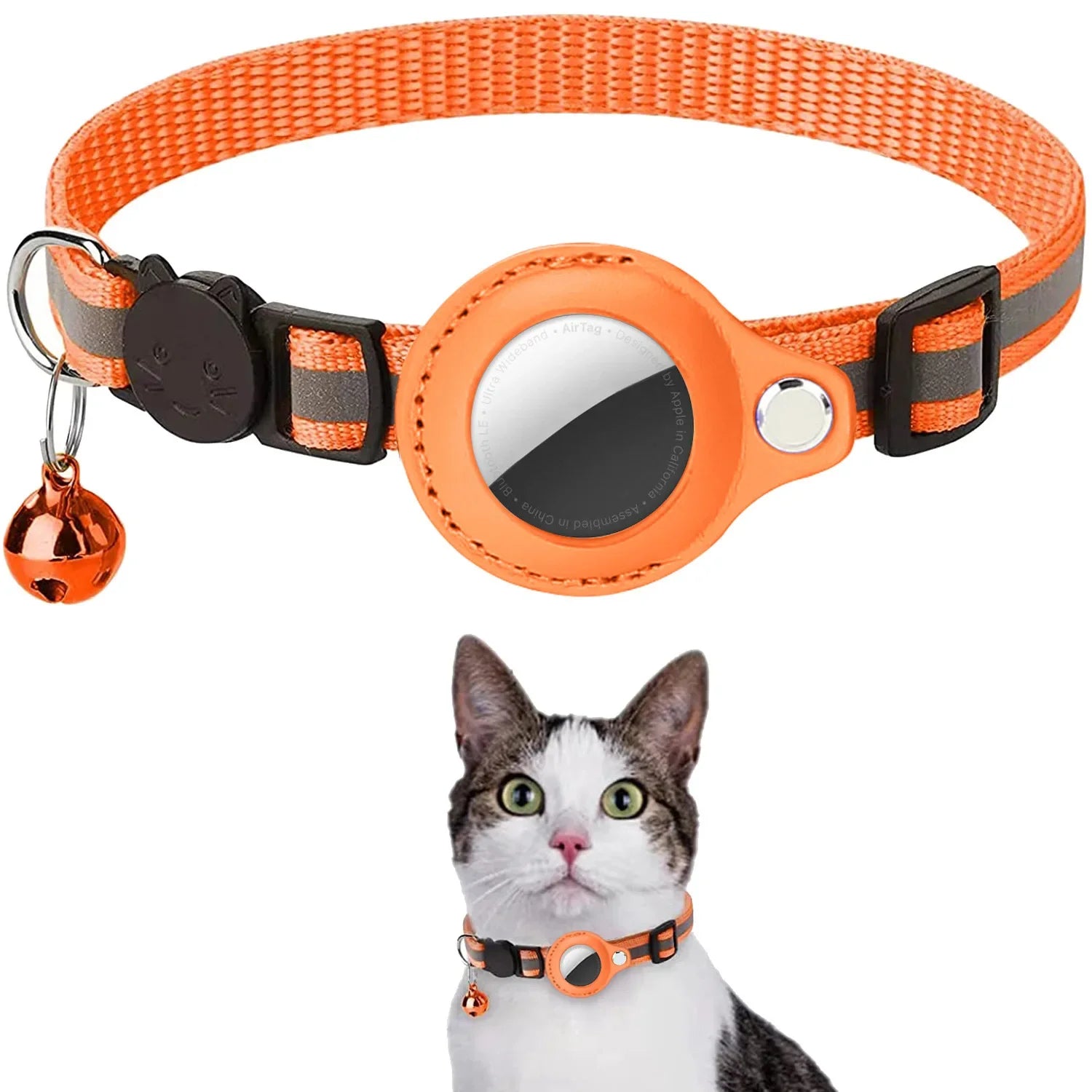 Collier chat support AirTag étanche avec grelot — réfléchissant