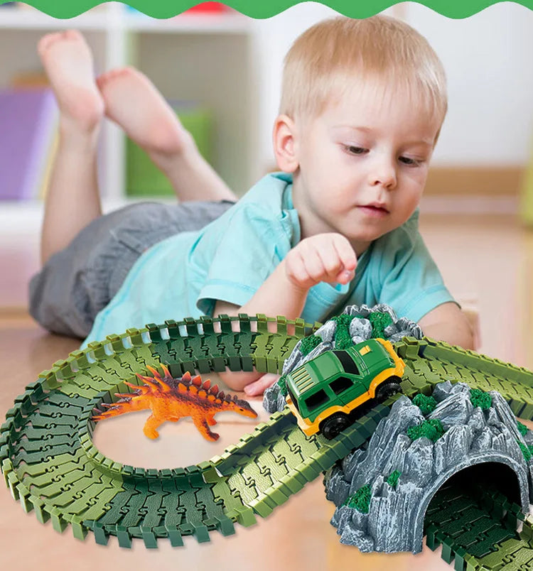Piste de Course Dinosaure Flexible – Voiture Flash / Sans Lumière – Jouet Éducatif Enfants