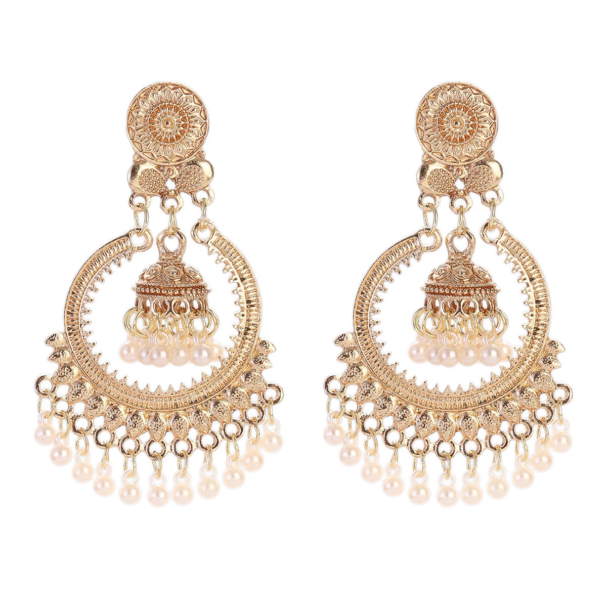 Boucles d’Oreilles Jhumka Indiennes – Cœur Doré, Perles & Pompon – Style Vintage Éthnique