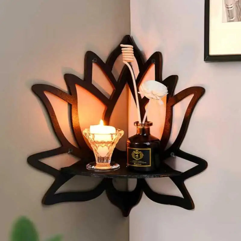 Étagère Murale Lotus en Bois – Support Décoratif & Porte-Aromathérapie