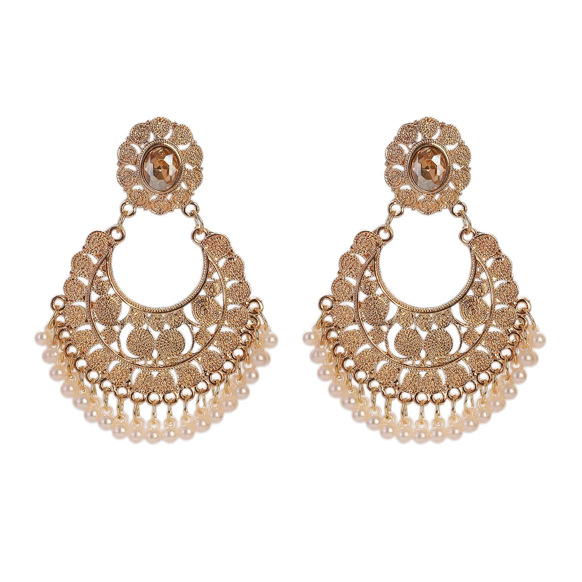 Boucles d’Oreilles Jhumka Indiennes – Cœur Doré, Perles & Pompon – Style Vintage Éthnique