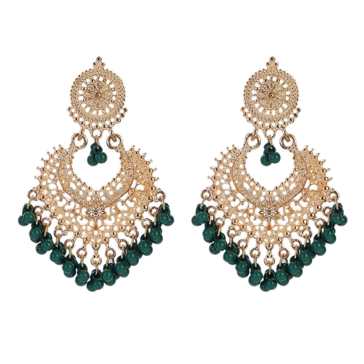 Boucles d’Oreilles Jhumka Indiennes – Cœur Doré, Perles & Pompon – Style Vintage Éthnique