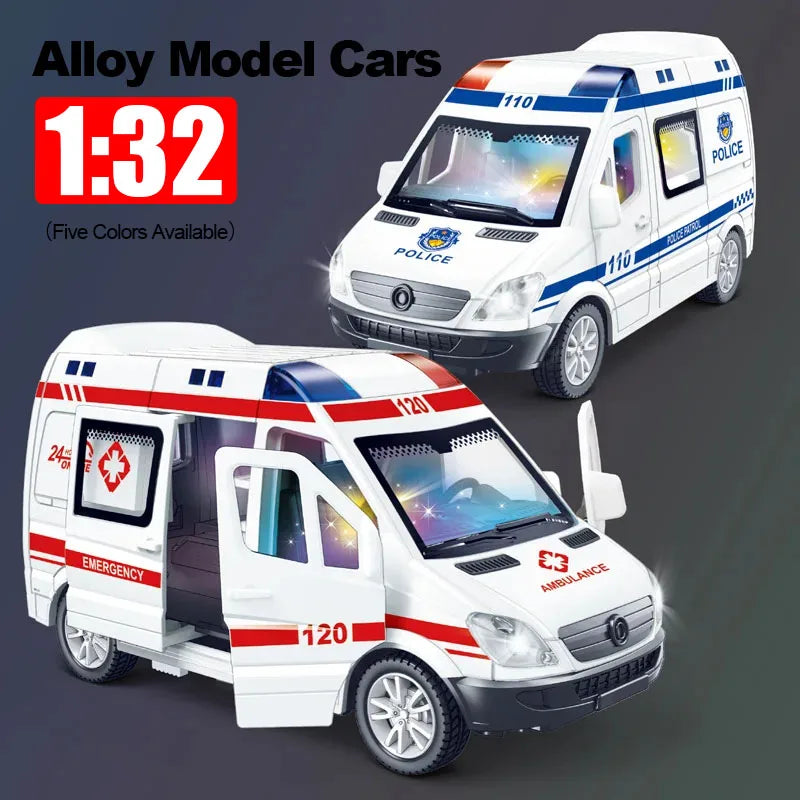 Mini Véhicule d’Urgence 1:32 en Alliage – Ambulance / Police (Son & Lumière)
